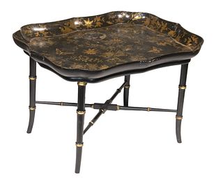 EARLY 19TH C. CHINOISERIE LACQUERED TRAY ON LATER LOW STAND