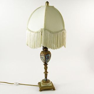 Antique French Champleve Lamp With Bronze Mountings. Fancy French Fringed Shade. Unsigned. Good condition. Measures 24" H. Shipping $110.00