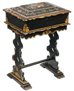 VICTORIAN PAPIER MACHE & MOTHER-OF-PEARL SEWING STAND