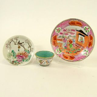 Chinese Qing Dynasty Famille Rose Saucer; Chinese Qing Dynasty Famille Rose small dish with Bird and a Chinese Famille Rose Turquoise Ground Miniature