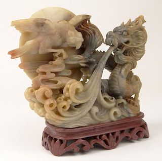 Chinese Carved Soapstone Sculpture Group and Base "Dragon with Eagle". Paper label en verso. Very Minor Loss to Eagle Tail feather Otherwise Good Cond