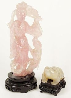 Lot of Two Chinese hardstone items. This lot includes a rose quartz group depicting a lady and a bird, 7-3/4. Also included a carved agate toad, 2-1/2