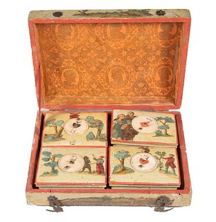 EARLY 19TH C. BRITISH SET OF WHIST COUNTERS IN A DECORATED BOX
