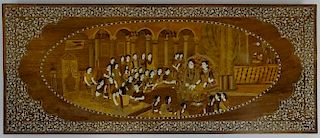 Large Vintage Asian Bone Inlaid Plaque. "Court Scene". Multiple Figures and inlaid boarder. Was originally a table, hand carved legs accompany this lo