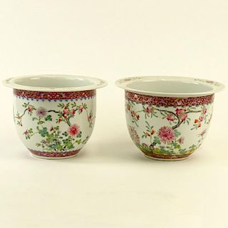 Pair Associated 19/20th Century Chinese Porcelain Famille Rose Jardinières. Unsigned. Yellow stain on bottom of one or in good condition measures 6" 