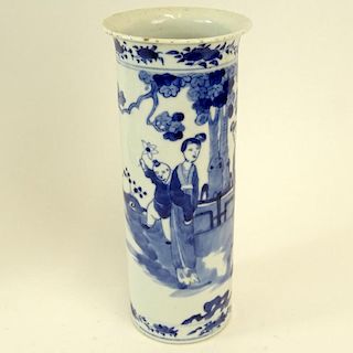Chinese Blue and White Porcelain Cylinder Vase with Flared Rim. Figural Motif. Signed with double ring mark. Small chips on rim or in good condition. 