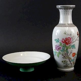 Chinese Famille Rose Baluster Vase with calligraphy, along with a shallow footed bow. Both signed with reign mark. Rim chips to bow or in good conditi