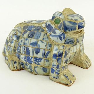 Vintage Mosaic Frog Figure Comprised of Chinese Ming Dynasty Blue & White Porcelain Fragments. Unsigned. Minor chips. Measures 6"H x 9"L. Shipping $48