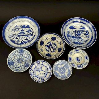 Collection of Seven (7) 19/20th Century Chinese Blue and White Porcelain Plates. One signed. Two with repairs, rim chips. Largest measures 8-5/8" diam