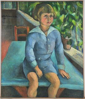 PORTRAIT OF A BOY SITING ON A TABLE OIL PAINTING