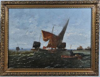 FISHERBOATS ON THE STORMY SEA OIL PAINTING