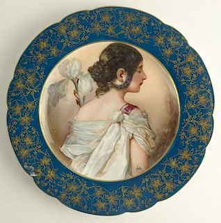 Limoges Hand Painted Porcelain Portrait Plate. "Beauty In Profile" Artist Signed and Marked with Limoges Mark on Back. Good Condition. Measures 8-3/8 