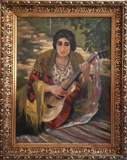 YOUNG GIRL WITH A GUITAR OIL PAINTING