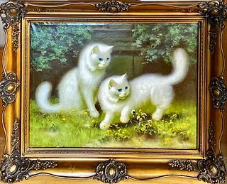 TWO PLAYING CATS OIL PAINTING