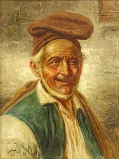 Raffaele Frigerio, Italian (1875-1948) Oil on canvas "The Old Fisherman" Signed lower left. Good condition. Measures 16" x 12", frame measures 20-1/2"