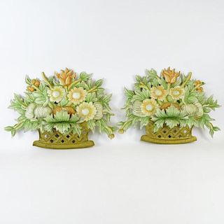 Pair of Vintage Painted Tole Floral Basket Wall Appliques. Unsigned. Good condition. Measures 16" H x 21-1/2" W. Shipping $68.00