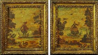 Pair of Early 20th Century French decorative framed panels. Transfer with highlights. Unsigned. Craquelure, paint loss. Measures 11" x 9", frame measu