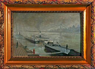 A PORT LANDSCAPE IN BUDAPEST OIL PAINTING