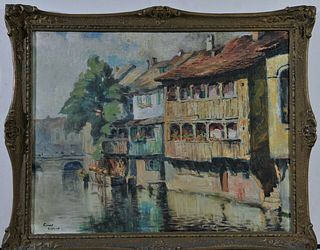 ERFURT RIVERBANK WITH A BRIGDE OIL PAINTING