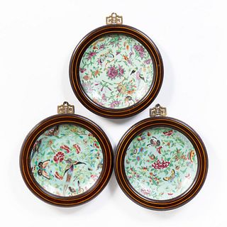 SET 3 CHINESE CELADON PLATES IN WOOD FRAMES