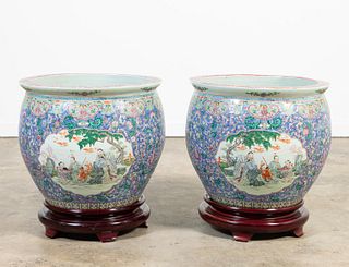 PAIR, MONUMENTAL CHINESE FISH BOWLS ON WOOD STANDS