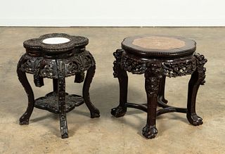 2 CARVED CHINESE MARBLE TOP SIDE TABLES