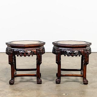 PAIR, CHINESE HARDWOOD MARBLE TOP SIDE TABLES