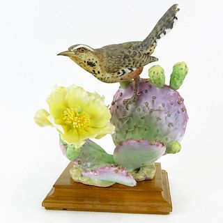 Dorothy Doughty Royal Worcester Porcelain Bird Group "Cactus Wren & Prickley Pear". On wood stand. Signed. Loss of a thorn. Measures 10-3/4" H. Shippi