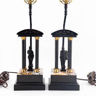 PAIR, SLATE & MARBLE TEMPLE FORM TABLE LAMPS