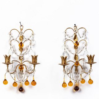 PAIR, ITALIAN TWO-LIGHT SCONCES, AMBER CRYSTAL