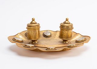 CHASED GILT BRASS & CAMEO DOUBLE INKWELL