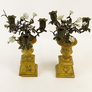 Pair of Early 20th Century Probably Italian Tole and Porcelain 3 Light Candelabra with Carved and Painted Wood Urn Form Bases. Unsigned. Wear, Loose U