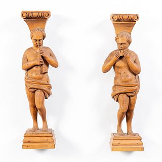 PAIR CARVED WOODEN MUSICIAN FIGURAL BRACKETS