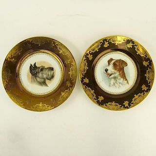 Pair of Limoges Porcelain Transferware Dog Plates. Signed Limoges France. Light wear or in good condition. Measures 10-3/4" Dia. Shipping $30.00