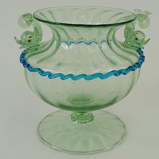 Early 20th Century Venetian Blown Glass Vase with Dolphin Handles. Unsigned. Minor losses to tails or good condition. Measures 7-1/4" H x 7-3/4" W. Sh