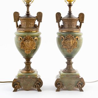 PR., NEOCLASSICAL-STYLE GREEN ONYX & BRONZE LAMPS