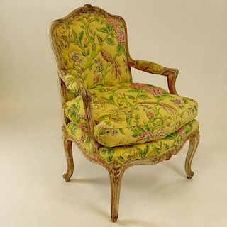 Mid 20th Century Italian Louis XV style carved and distress painted Fauteuil. Unsigned. Separation at joints, upholstery as it. Measures 39" H x 28" W