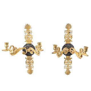 PAIR, FRENCH EMPIRE STYLE PARCEL GILT SWAN SCONCES