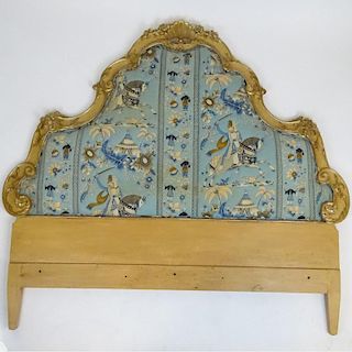 Early to mid 20th century carved painting gilt wood and upholstered headboard. Unsigned. Minor rubbing, upholstery "as is" Measures 62" H x 67" W. Shi