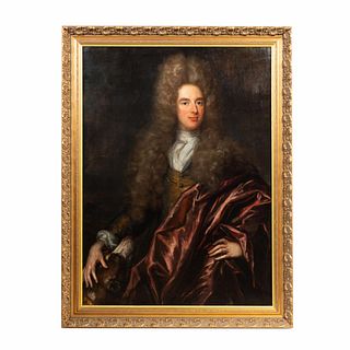 18TH C PORTRAIT OF GENTLEMAN AND DOG OIL ON CANVAS