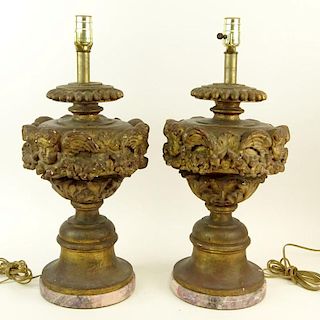Large Pair of Vintage, Probably Italian Carved Gilt Wood Table Lamps With Marble Bases. Unsigned. Minor Wood splits and rubbing. Measures overall 22" 