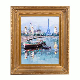 EIFFEL TOWER AND BOATS, OIL ON CANVAS, PARIS