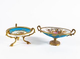TWO, FRENCH SEVRES-STYLE ORMOLU MOUNTED DISHES