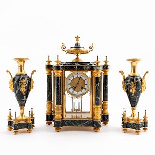 20TH C. FRENCH MARBLE & BRONZE CLOCK & URNS, 3PC