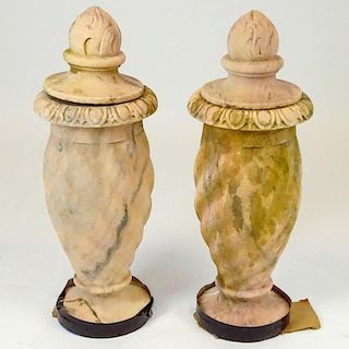 Pair of 20th Century carved marble garden urns. Unsigned. Losses to bases, please examine carefully prior to bidding. Measures 32" H x 11-1/2" W. Ship