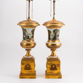 PR., 19TH C. PARIS PORCELAIN URNS MOUNTED AS LAMPS