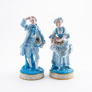 PAIR, FRENCH BLUE & WHITE PORCELAIN FIGURES