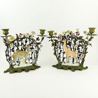 Interesting Pair 19/20th Century Porcelain Animal Figurines Mounted In a Bronze "Cage" 2 Light Candelabra Decorated with Porcelain Flowers. Unsigned. 