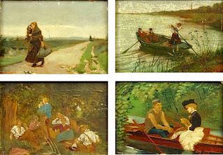 Collection of 4 Antique Continental Miniature Oil Paintings on Panels. Signatures include Scalbert, Adan, Lauger and one illegible. Good Condition. Pa