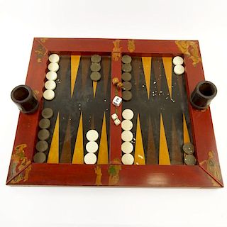 Mid 20th Chinese Motif Wood Backgammon Set With 30 Checkers, 2 sets of die, 2 leather dice cups, doubling cube. Wear and losses. Measures 23" x 27". S